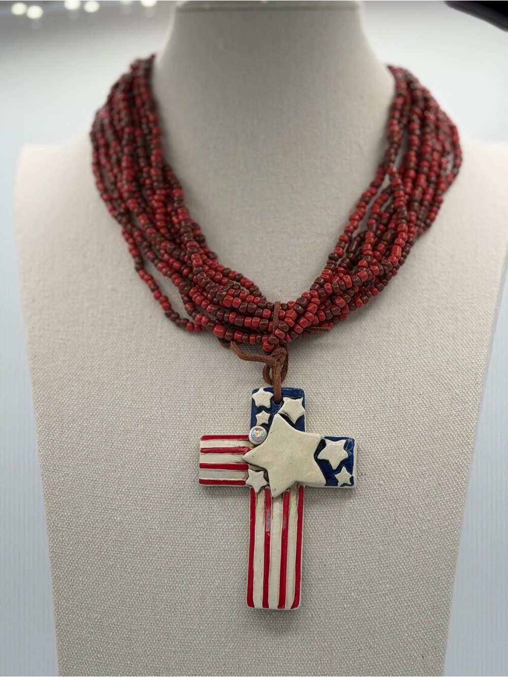 Patriotic American Flag Cross
Chunky 10 Strand Seed Bead Woman’s Necklace
